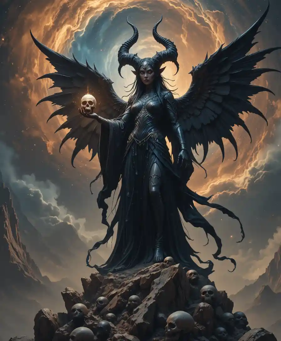 Winged dark goddess holding a severed divine head