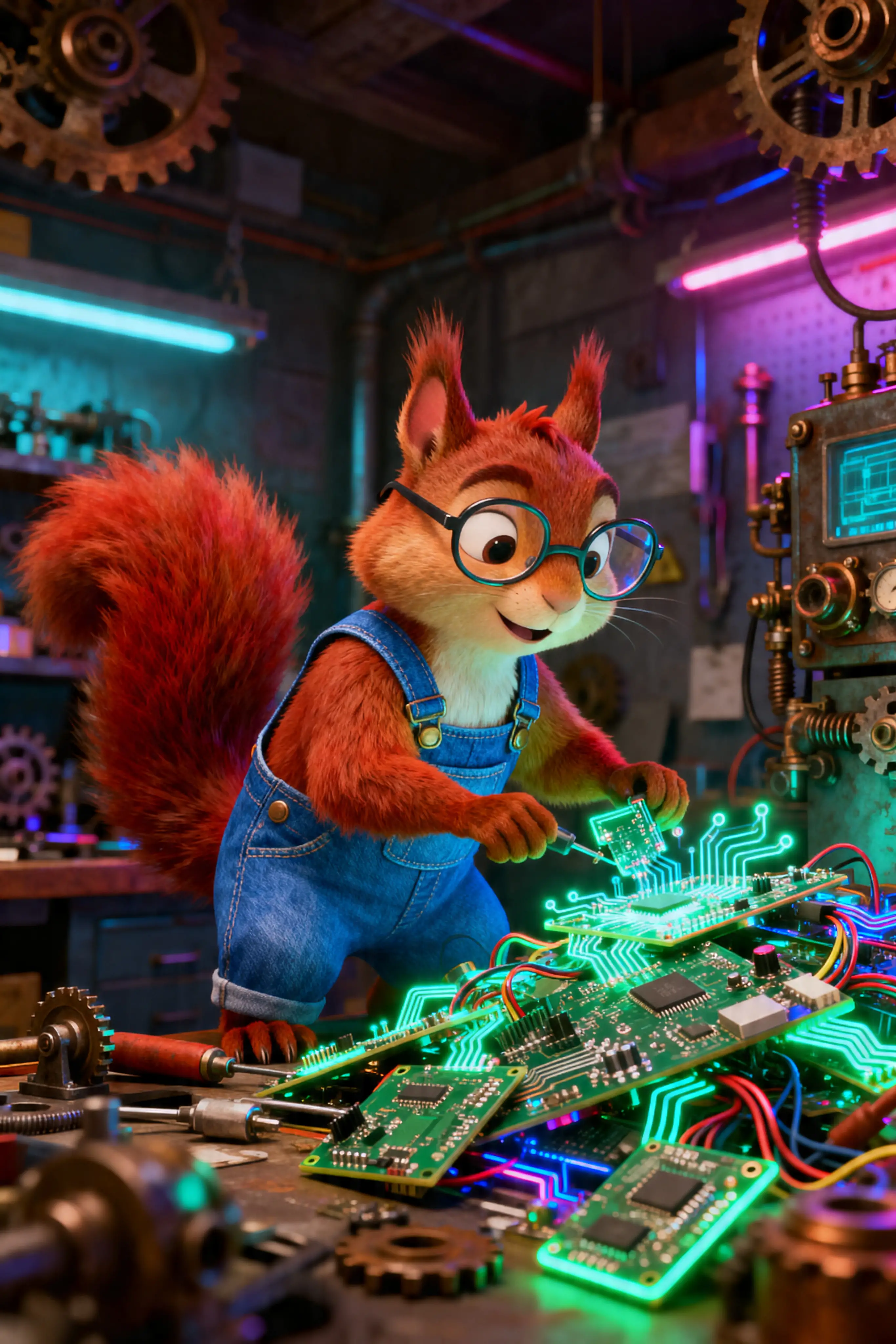 Anthropomorphic Squirrel Engineer In Neon Circuit Workshop