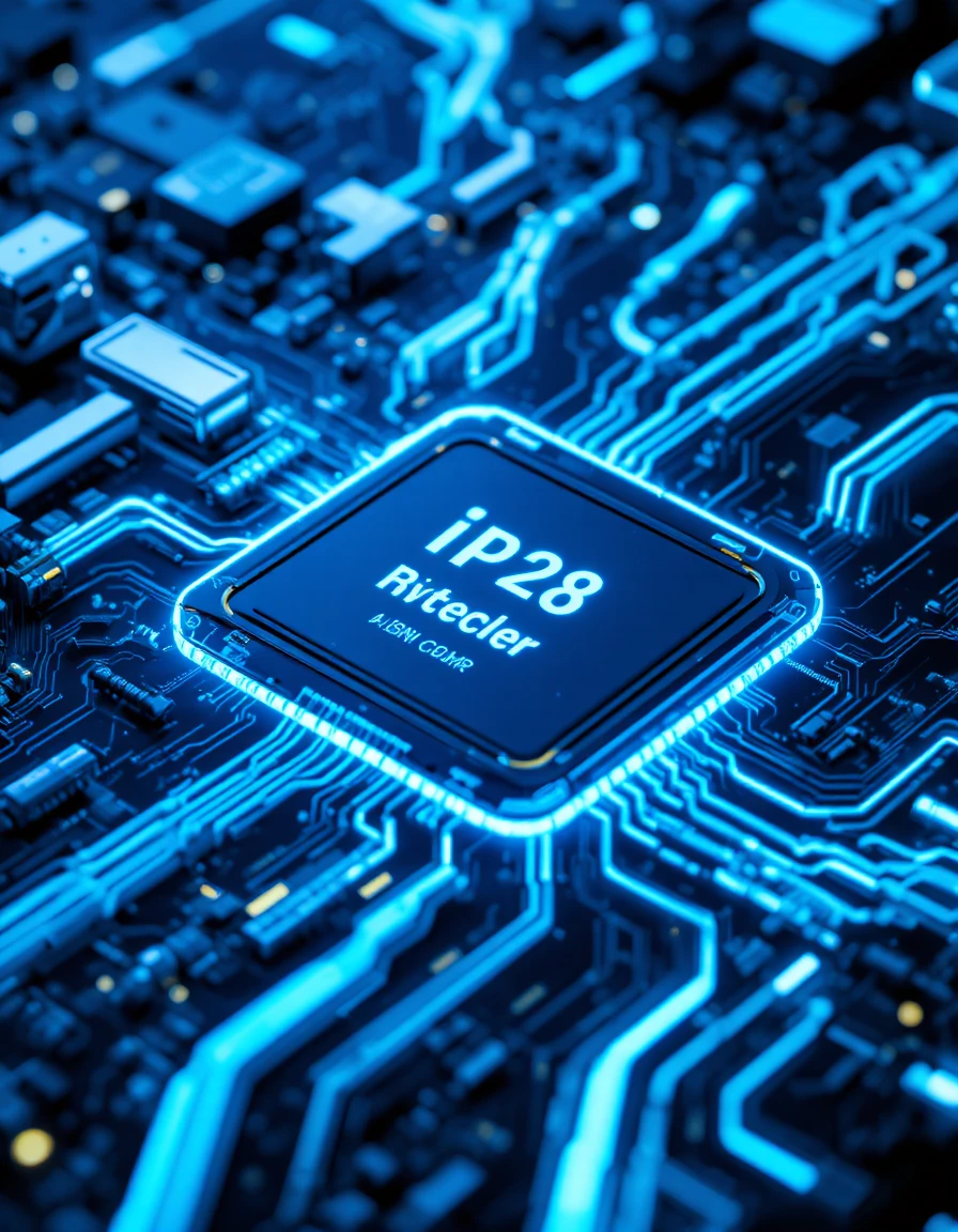 Futuristic close up of neon lit circuit board processor