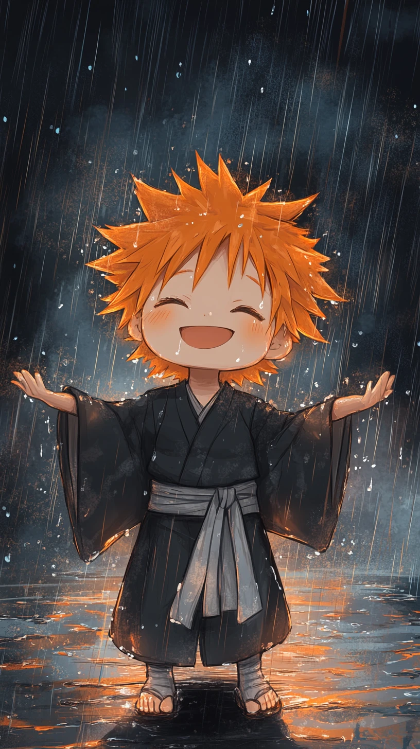 Joyful chibi boy in pouring rain with glowing light