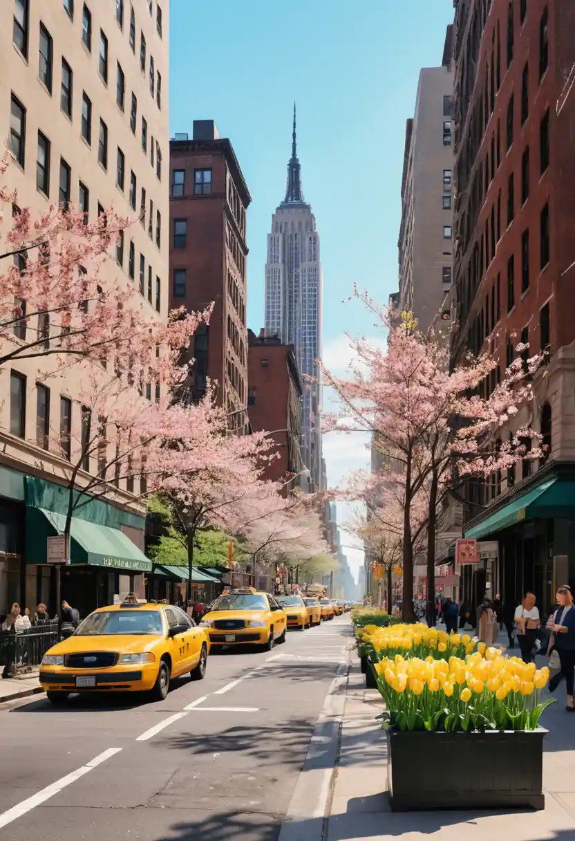 Frühlingsszene in New York City mit blühenden Straßen