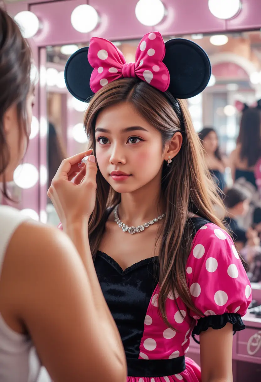 Junger Junge im pinken Minnie-Kleid im Boutique-Schminkraum