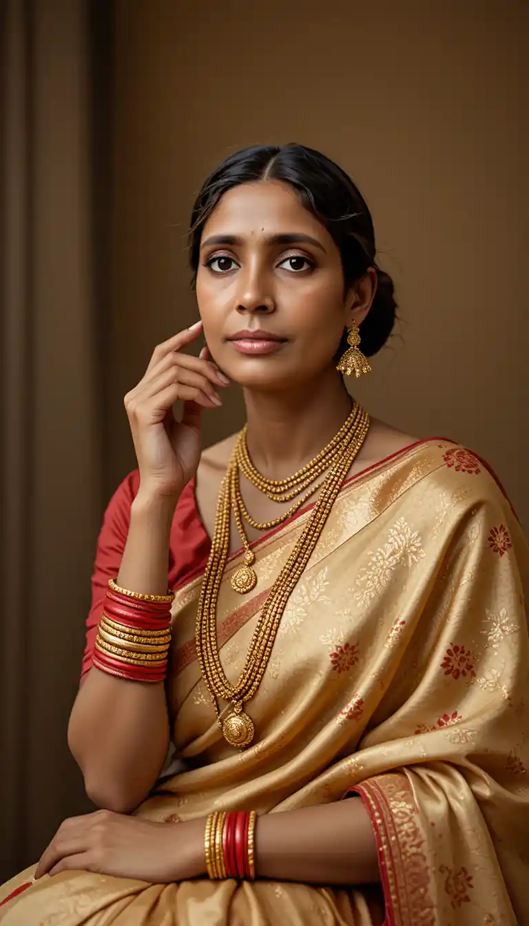 Elegante donna dell'Asia meridionale in sari dorato con sindur e gioielli