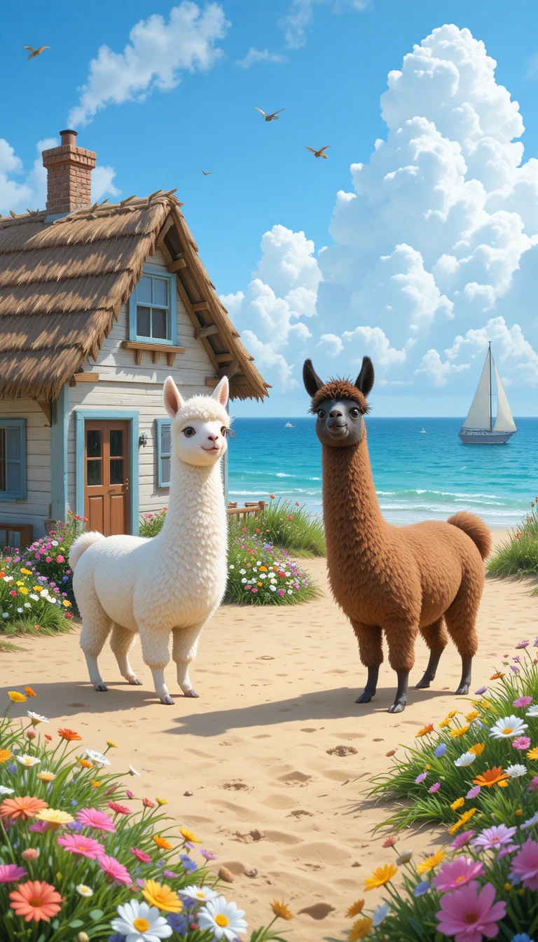 Three playful alpacas by a coastal beach house