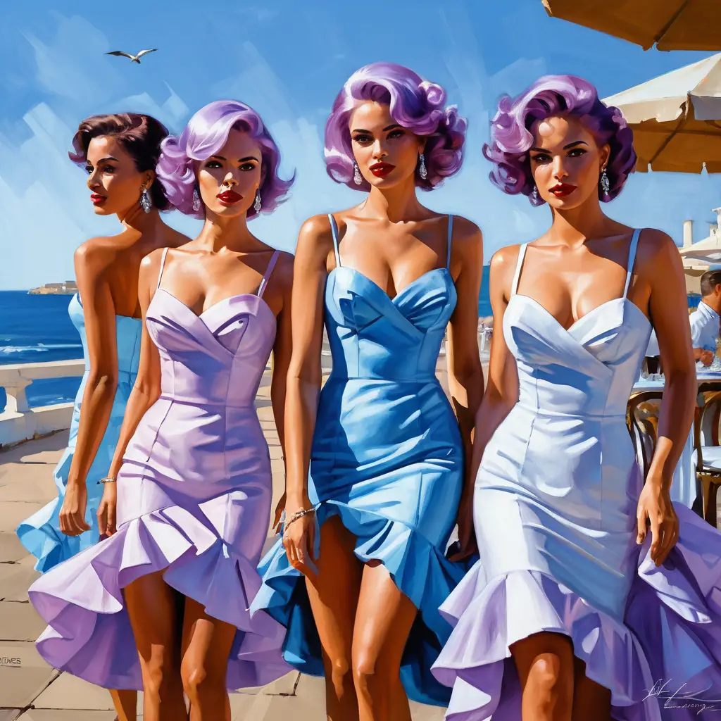 Mujeres de cabello lila con vestidos de salsa azules en restaurante junto al mar