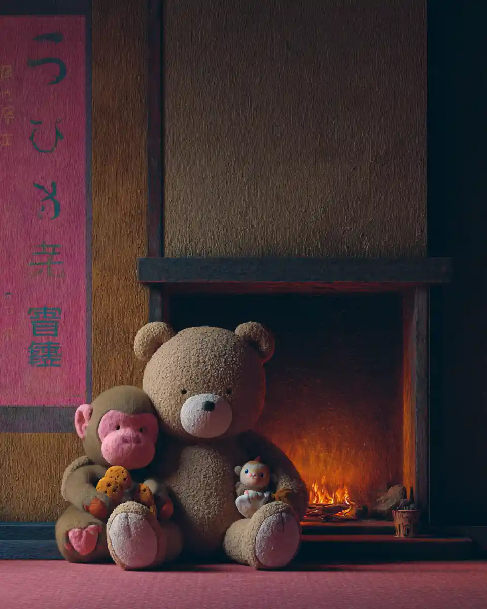Niedlicher Teddybär und Plüschaffe am Kamin