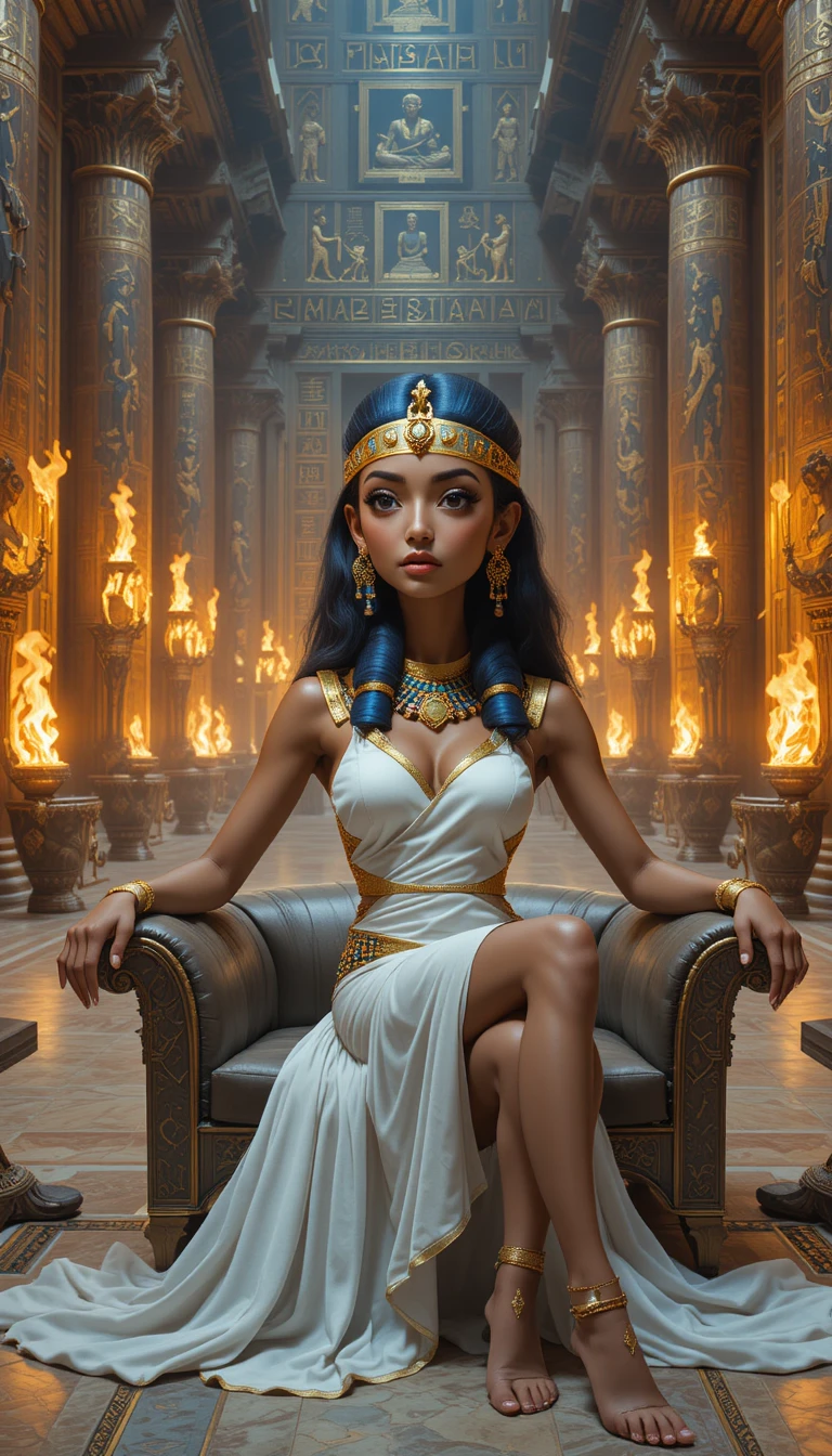 Eleganter ägyptischer Pharao, der sich in einem goldenen Palast entspannt