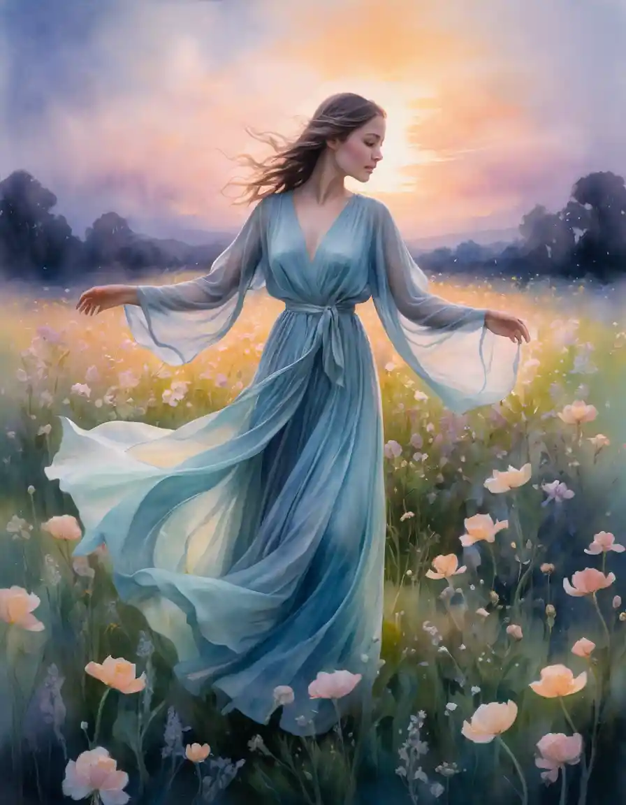 Ethereal woman dancing in a glowing flower field at twilight
