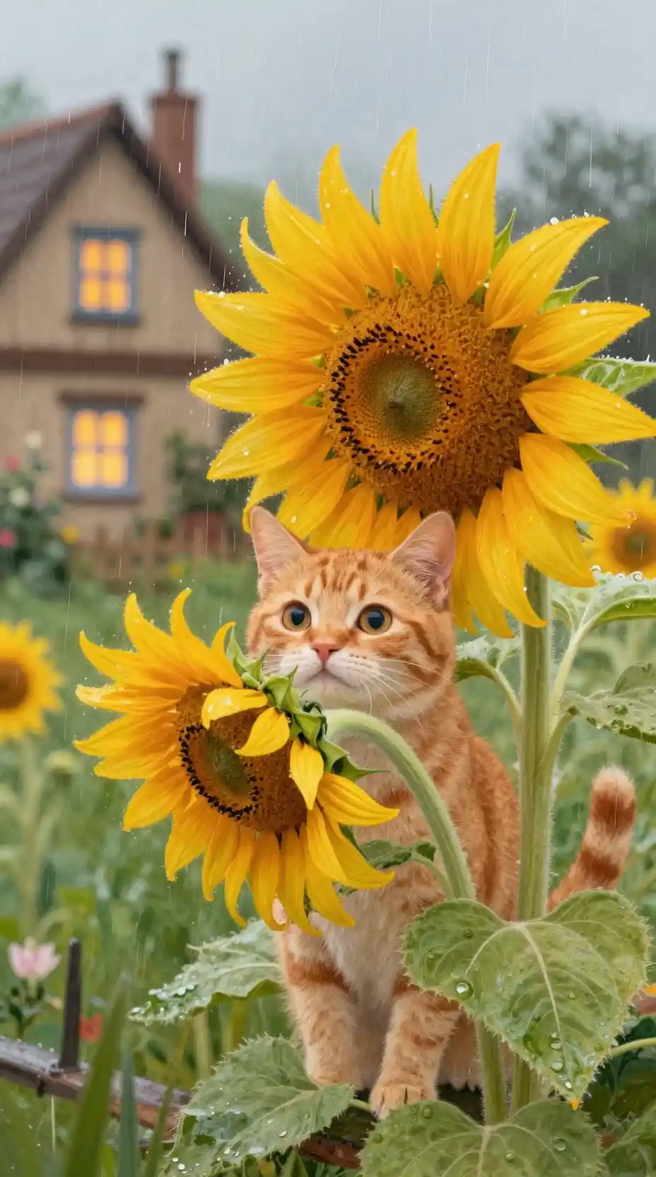 Ginger Cat Sheltering Under A Sunflower In A Rainy Garden