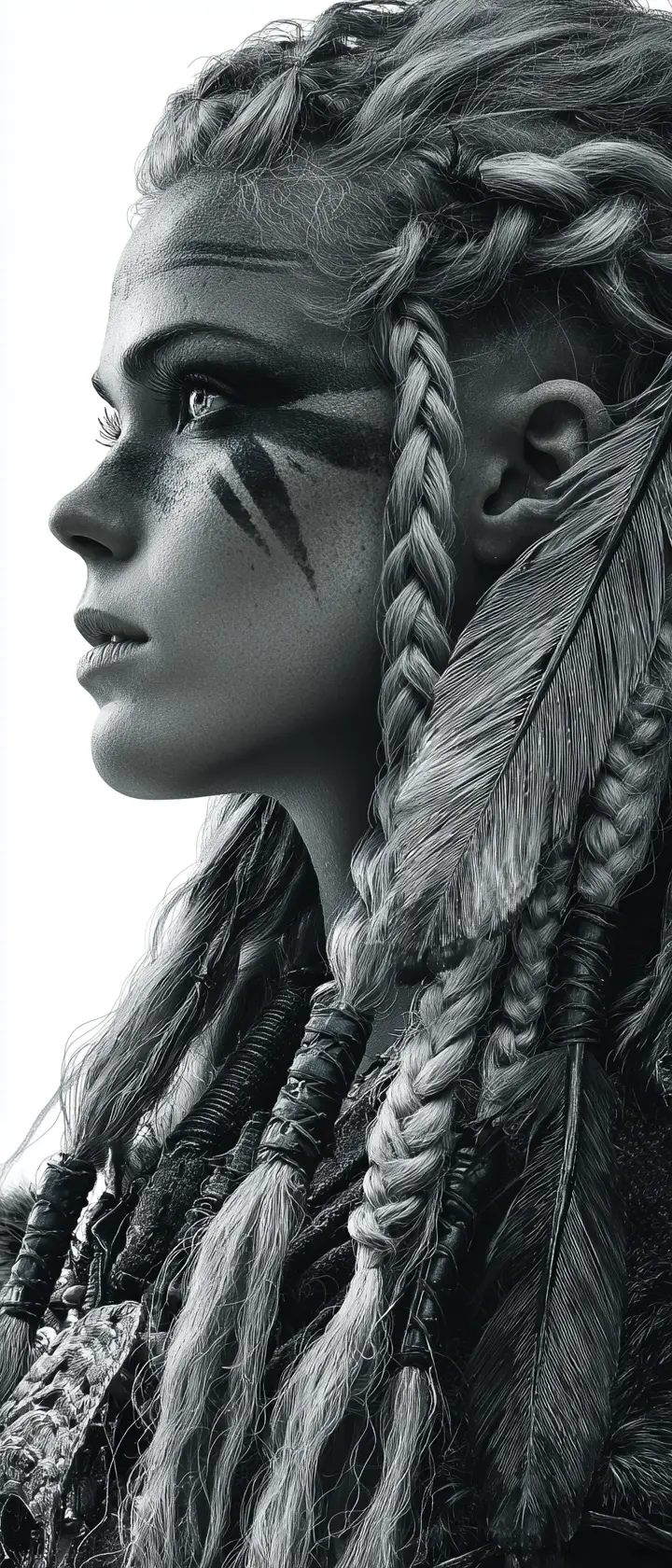 Fierce Viking warrior woman in black and white close up