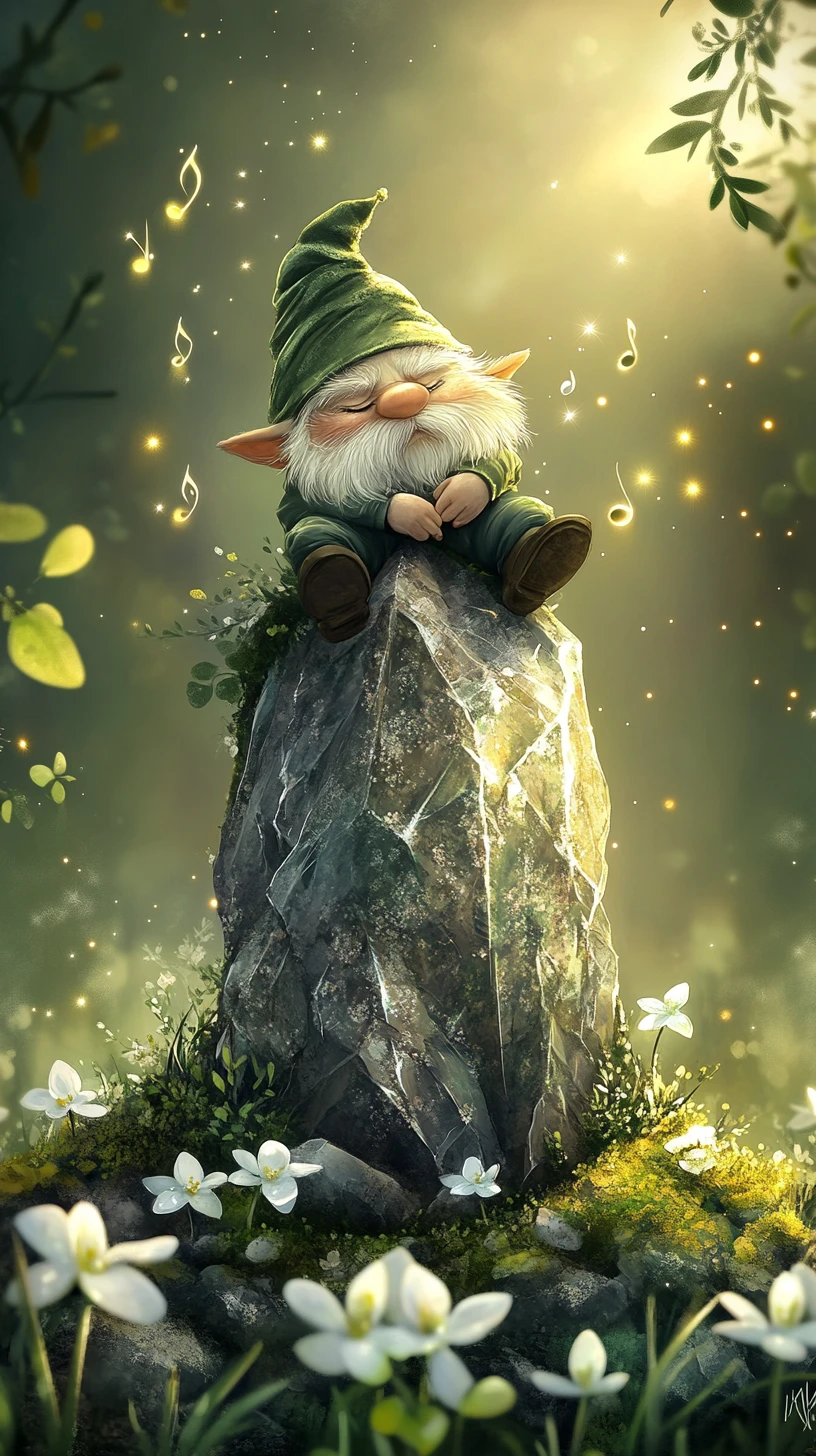 Whimsical forest gnome atop glowing crystal rock