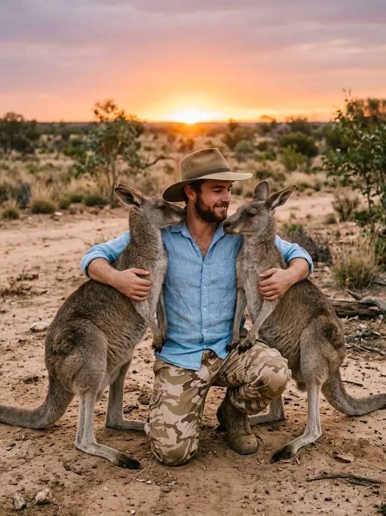 Homme agenouillé entre des kangourous au coucher du soleil dans l’outback