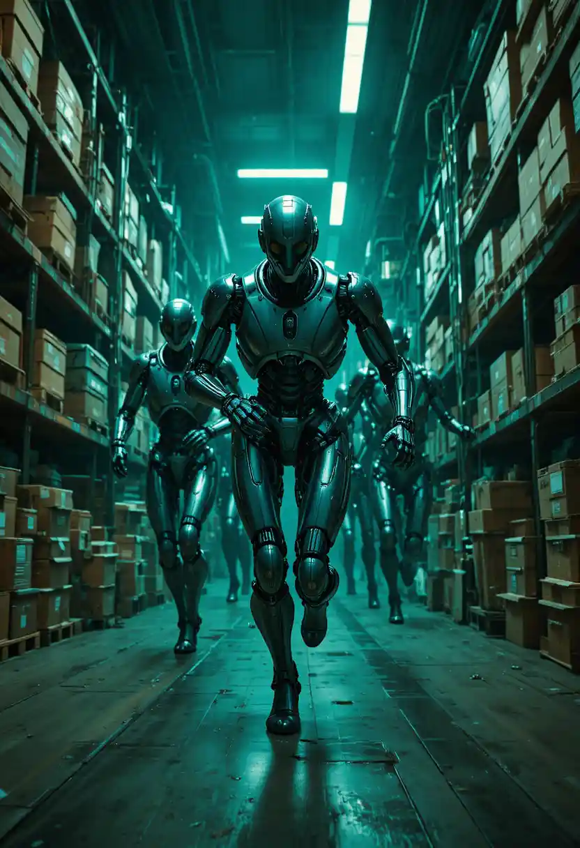 Humanoid robots running through a dark futuristic warehouse