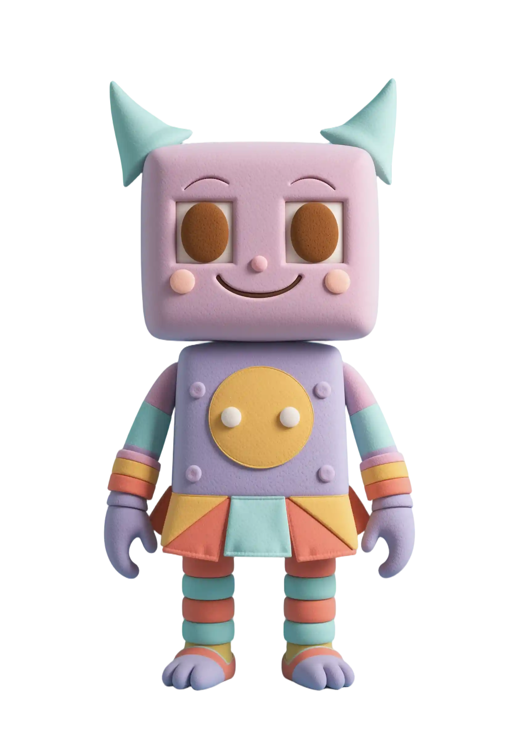 Geometric plush toy character on soft blue background