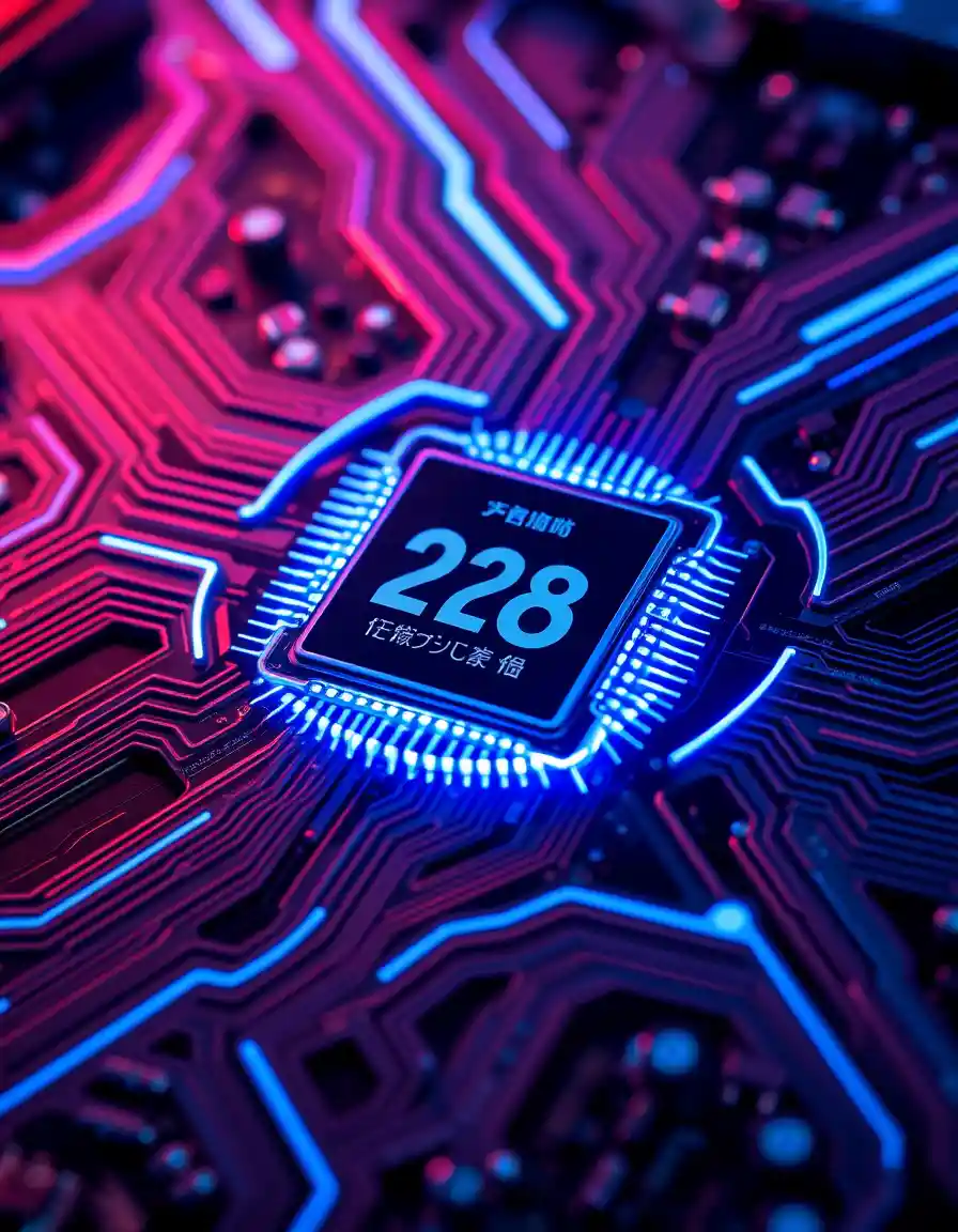 Futuristic Macro Close Up Of Neon Lit Circuit Board