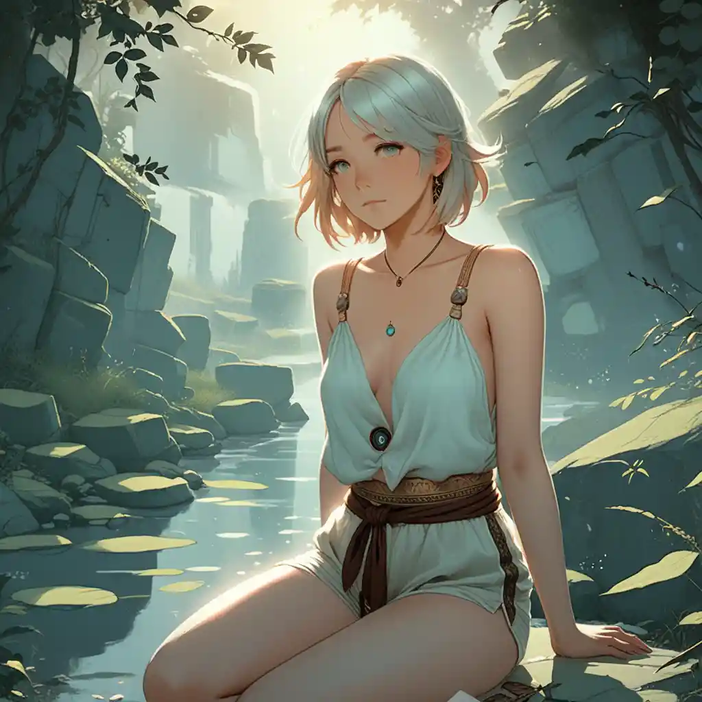 Kneeling blonde woman in soft anime summer landscape