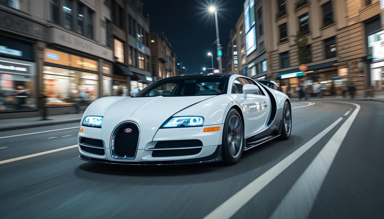 Auto deportivo blanco corriendo por una calle de la ciudad de noche