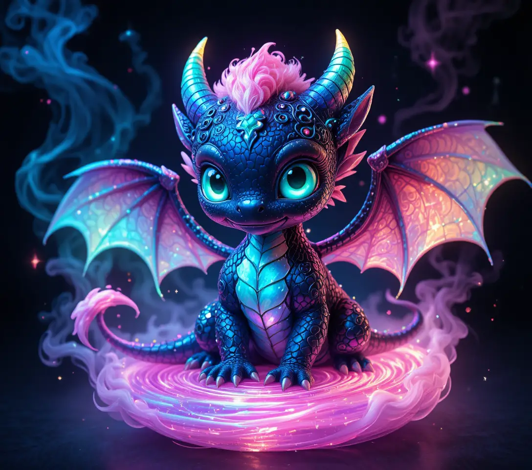 Cute baby dragon on glowing magical swirling base