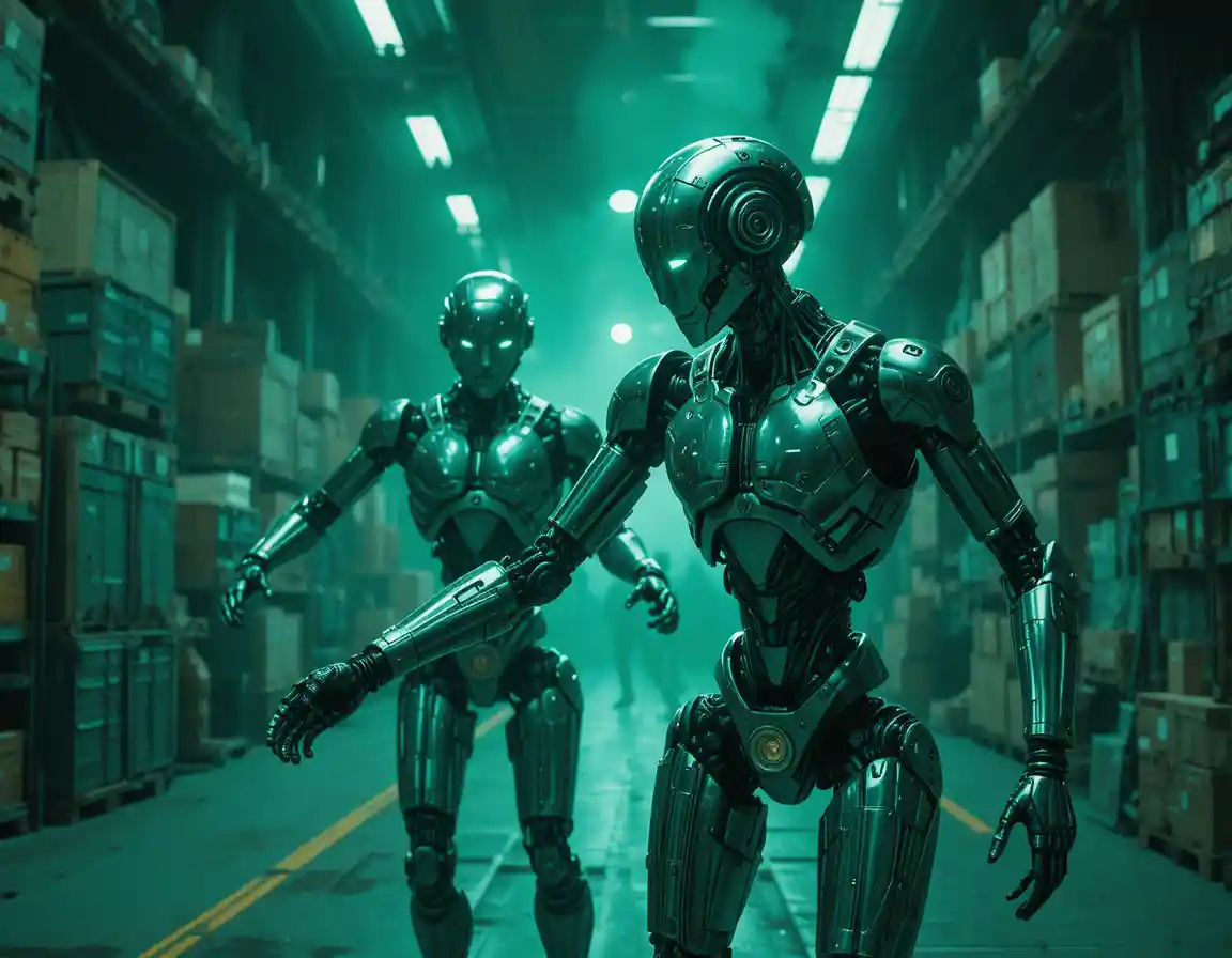 Humanoid robots in a green lit futuristic industrial warehouse