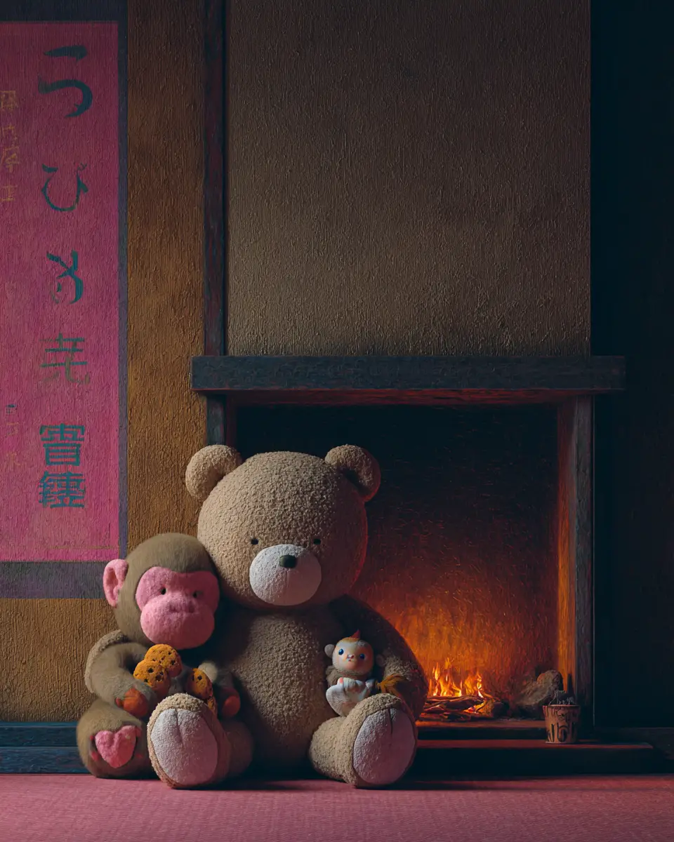 Cute teddy bear and plush monkey by the fireplace