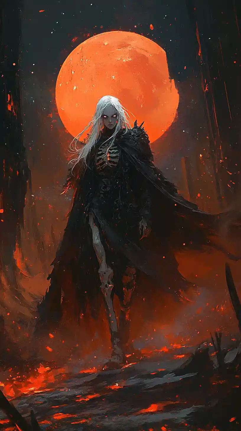 Gaunt cloaked figure under a vast red moon