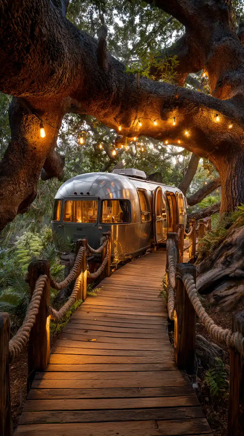 Casa sull’albero Airstream d’epoca in una quercia secolare al tramonto