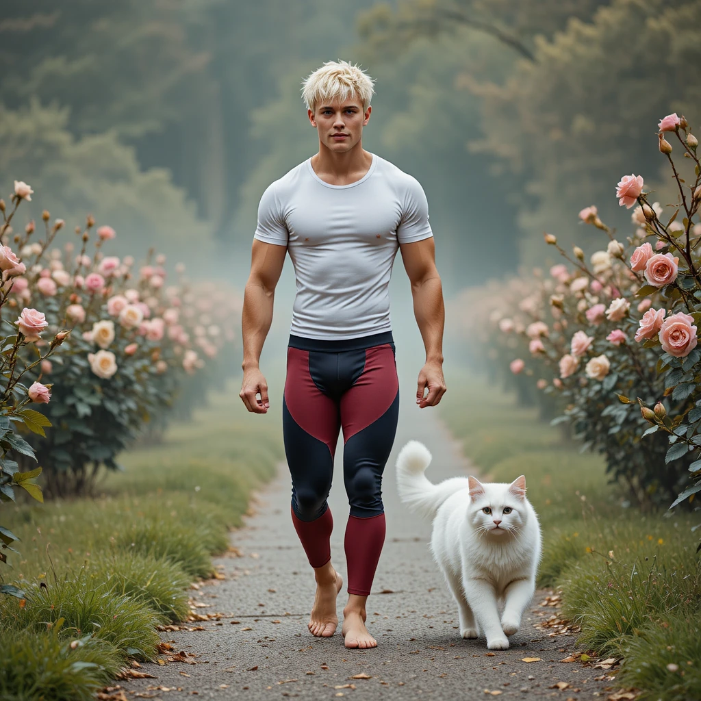 Young man walking barefoot through a misty garden path
