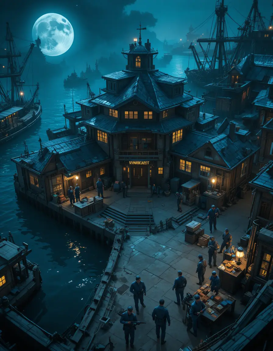 Top down view of armed gangsters guarding moonlit docks
