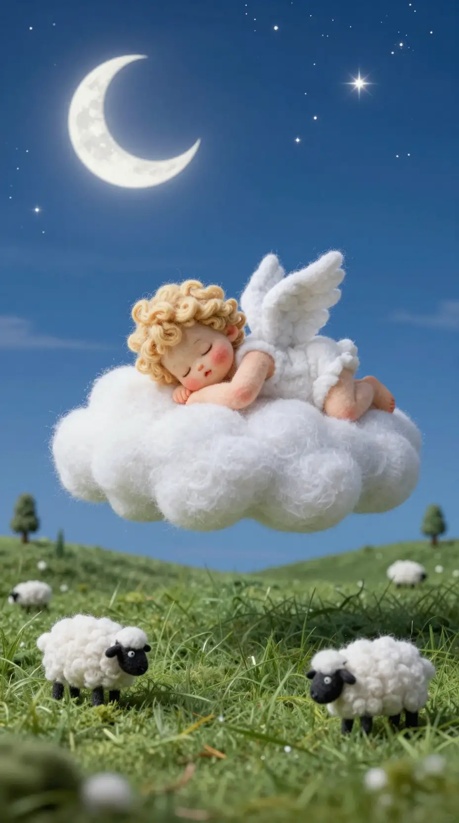 Sleeping angel on cloud in wool felt dream meadow