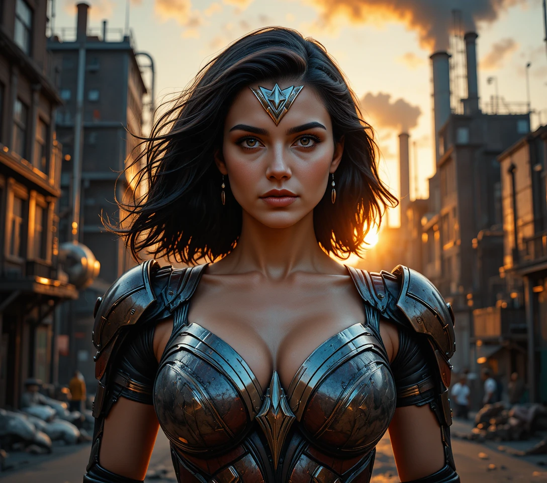 Futuristic armored heroine at sunset in industrial city
