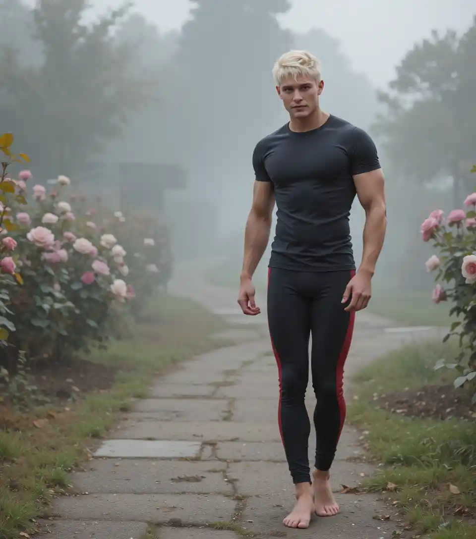 Young man walking barefoot along a misty garden path