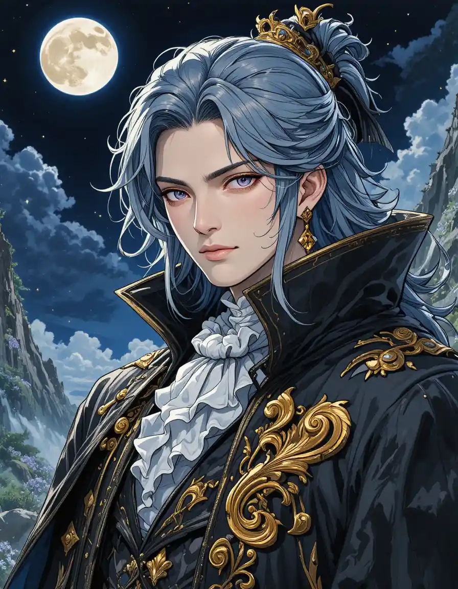 Moonlit fantasy mage highlord in ornate black royal robes