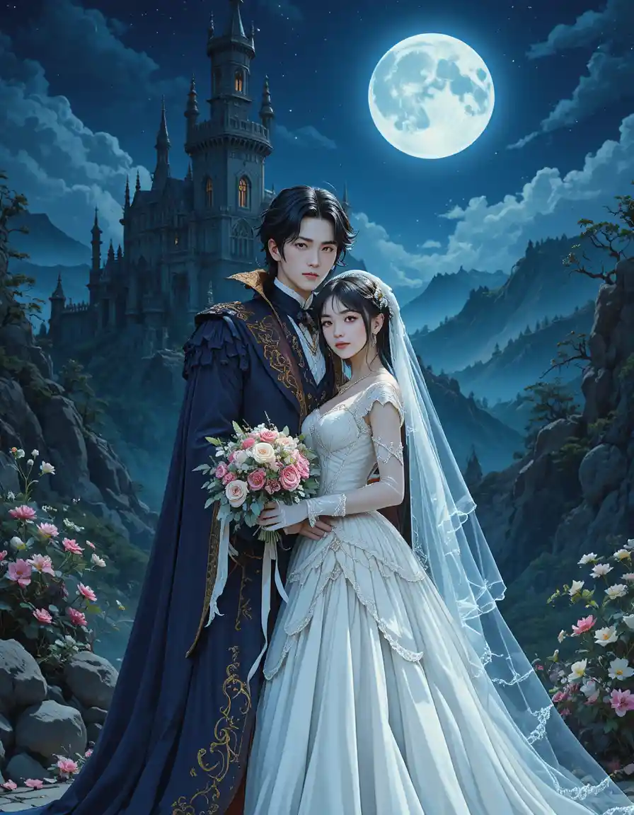 Vampire lord holding his bride before a moonlit castle