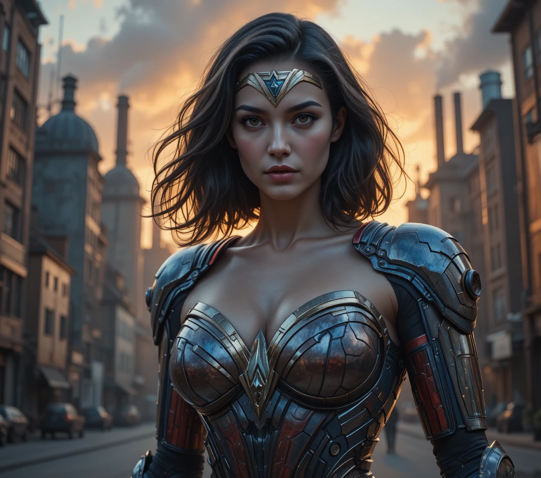 Futuristic armored heroine in an industrial sunset city