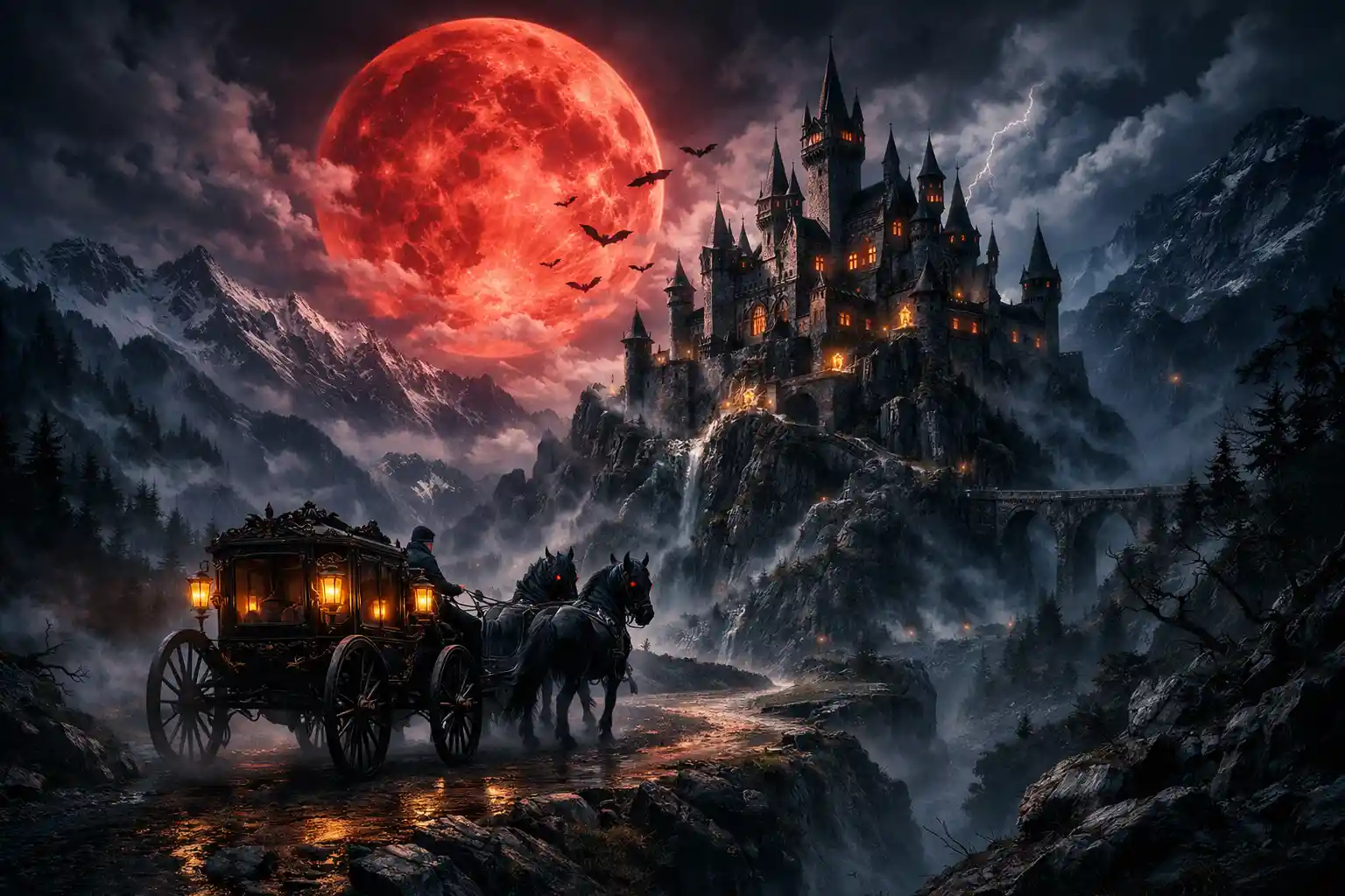 Surreal Dracula Castle Under A Blood Red Full Moon