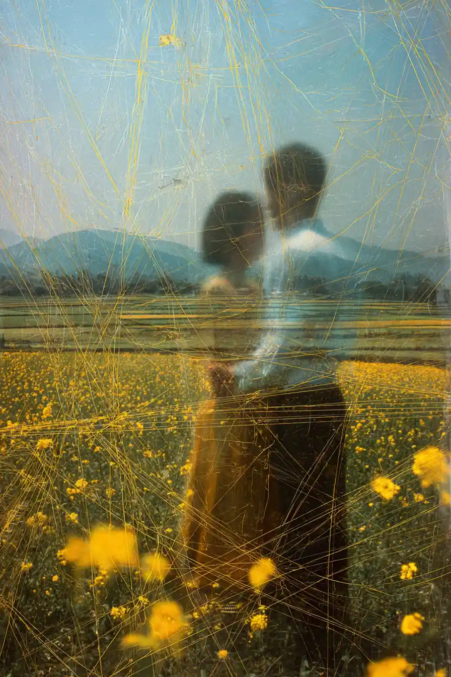 Surreal embroidered flower fields dissolving into dreamy motion blur