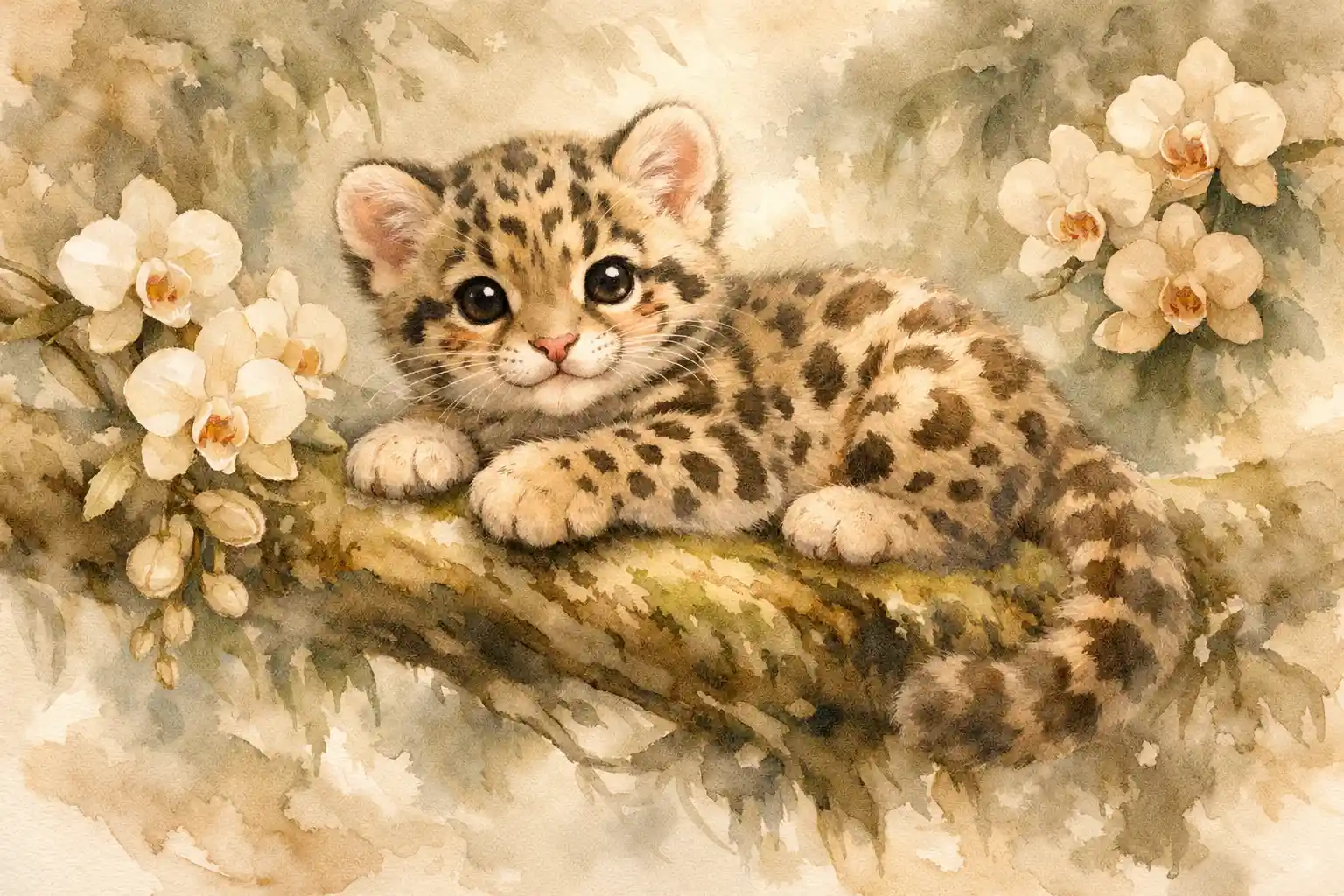 Baby clouded leopard resting on a jungle branch in watercolor