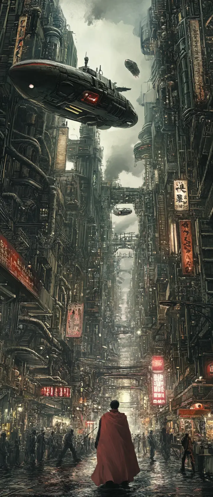 Dystopian steampunk Neo Tokyo scene inspired by Akira