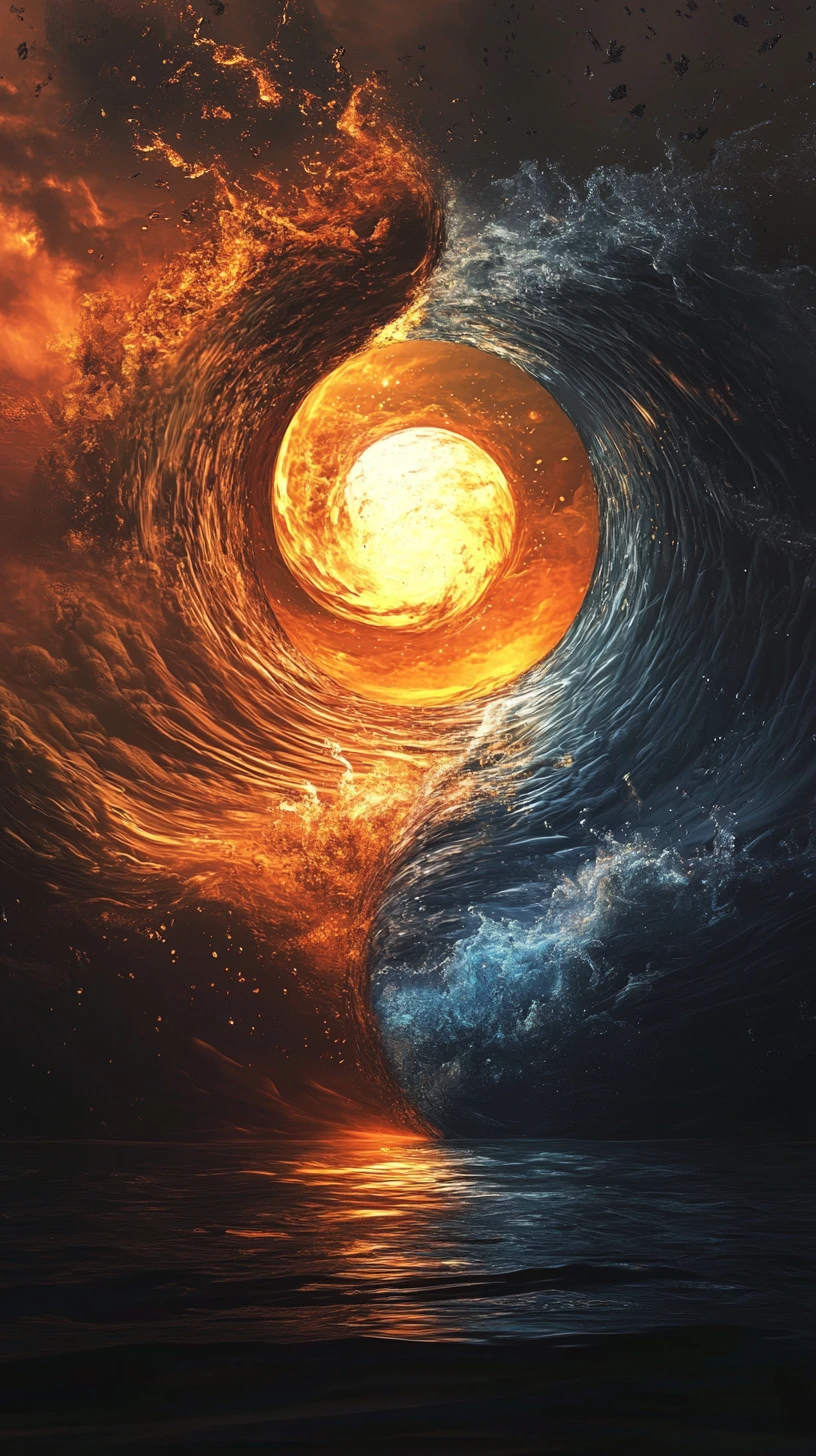 Yin yang symbol of swirling energy and calm reflective light