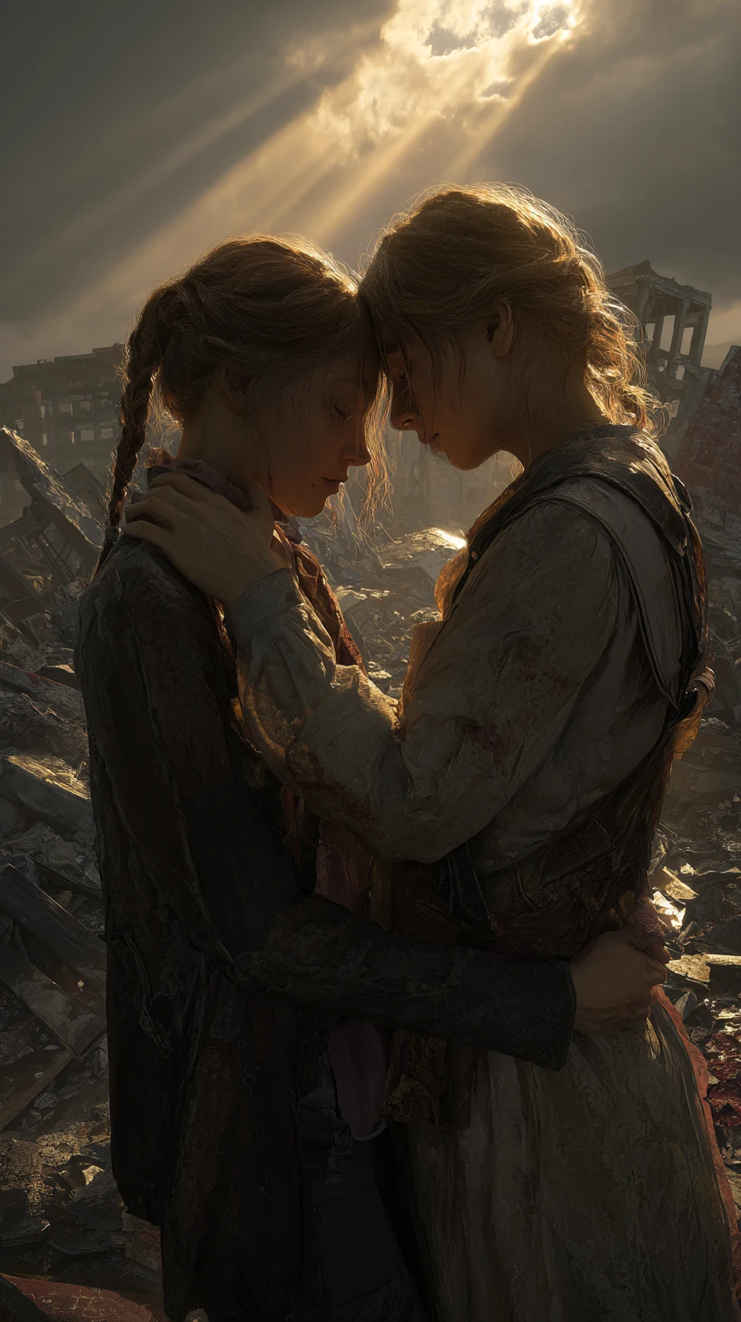 Two women waltzing in the ruins of a devastated city