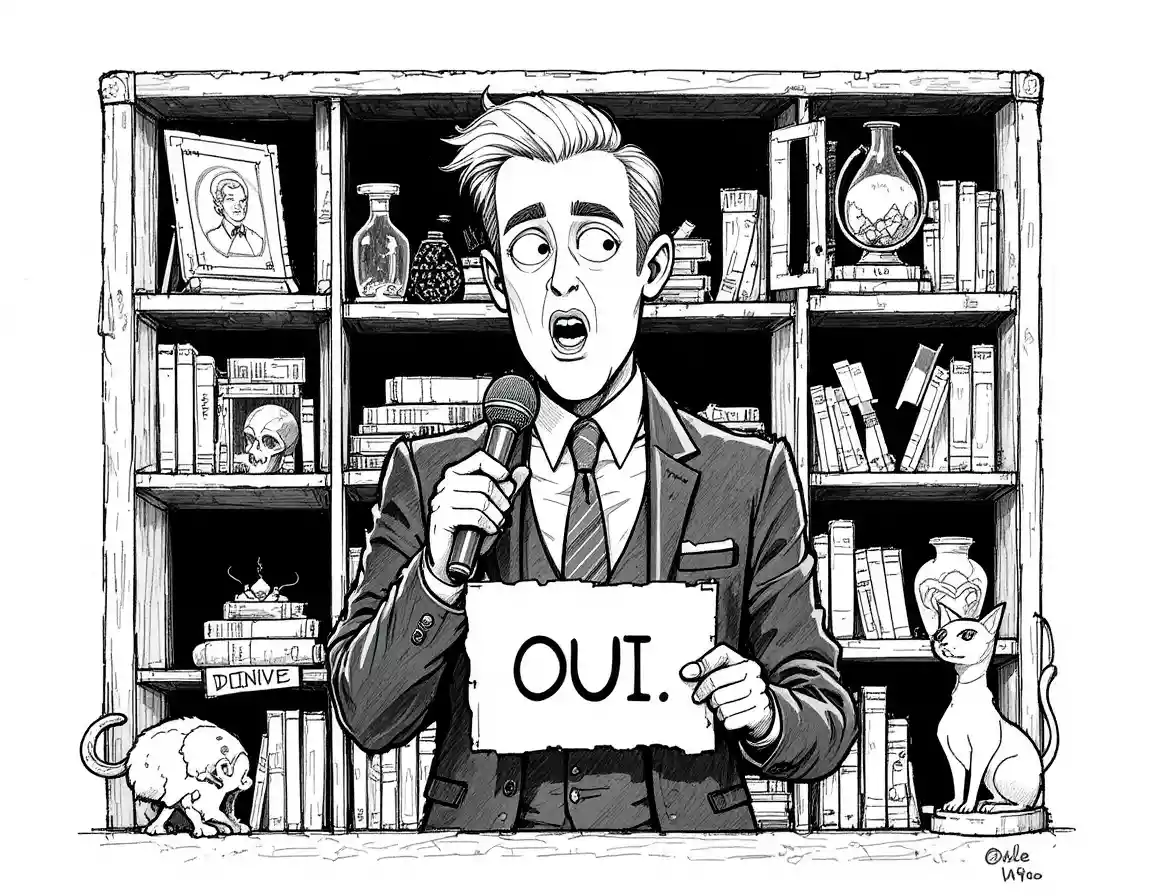 Crazy man in suit giving speech in cartoon library