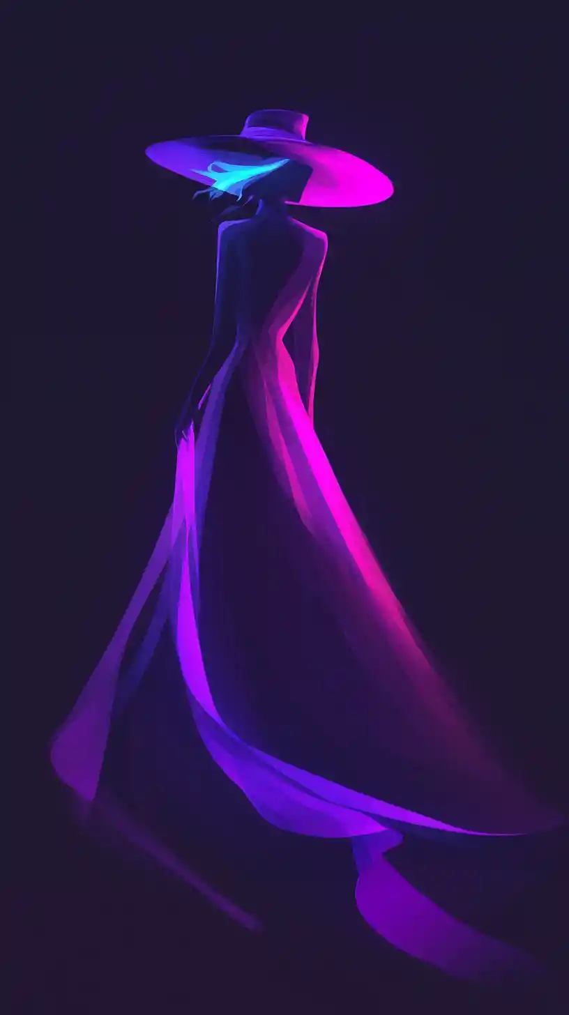 Glowing neon outline of a woman in a flowing dress