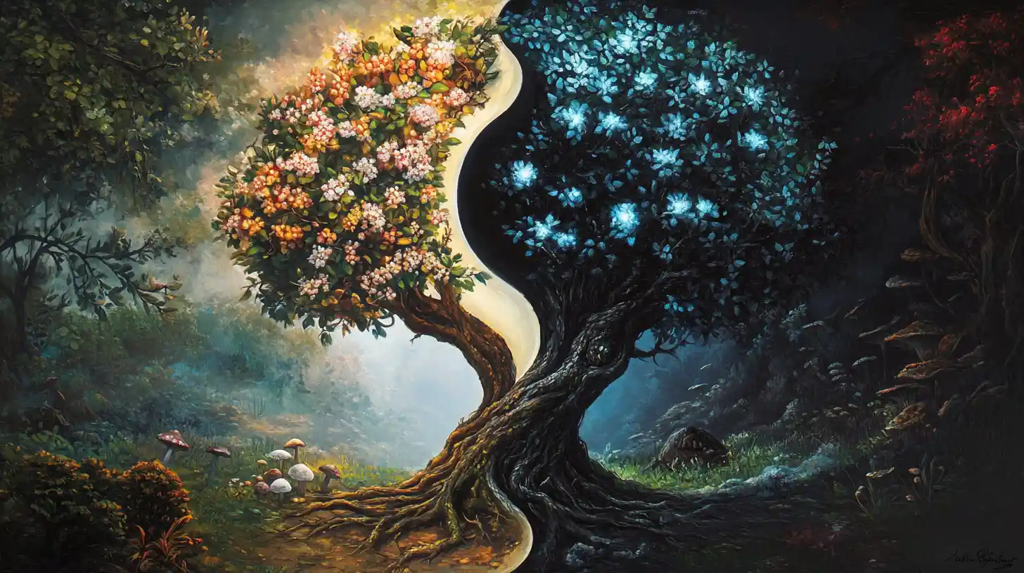 Alberi yin e yang di vita e decadimento con dettagli luminosi