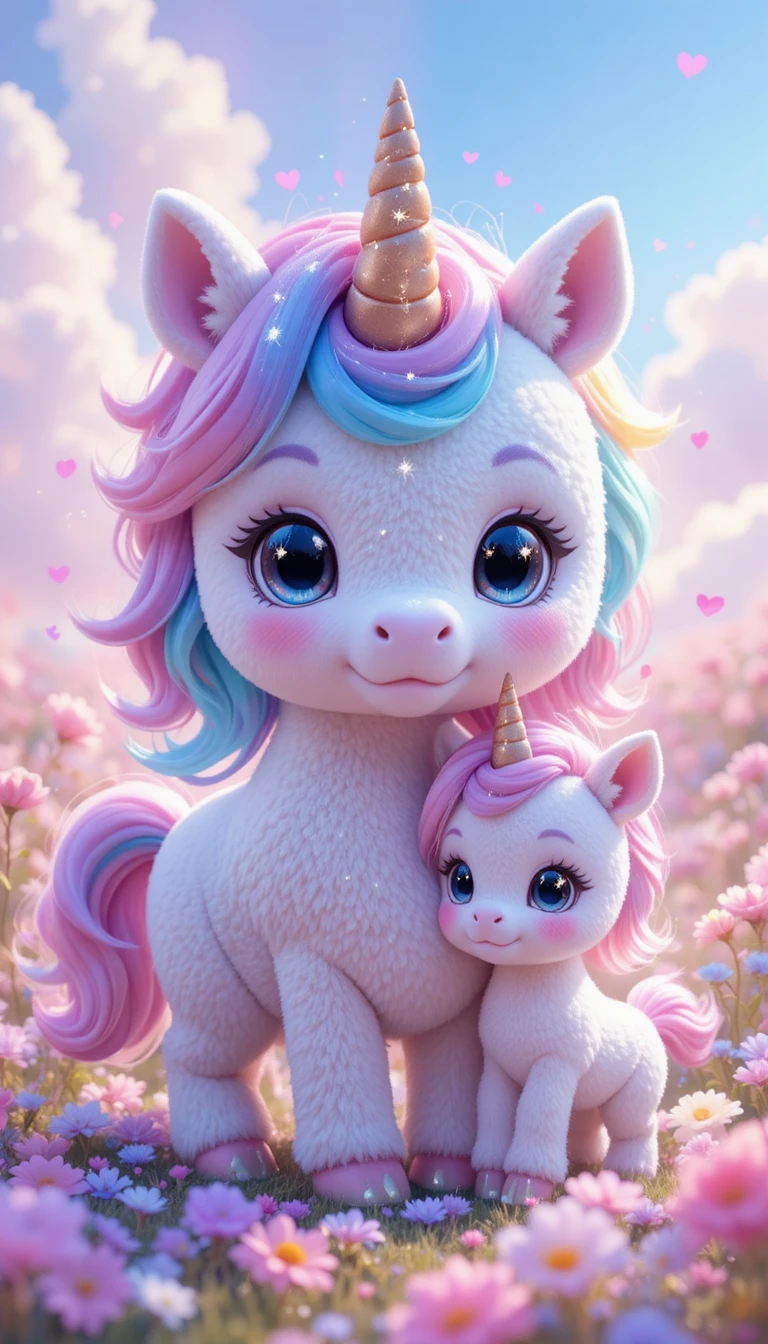 Cute white unicorns in pastel magical flower meadow
