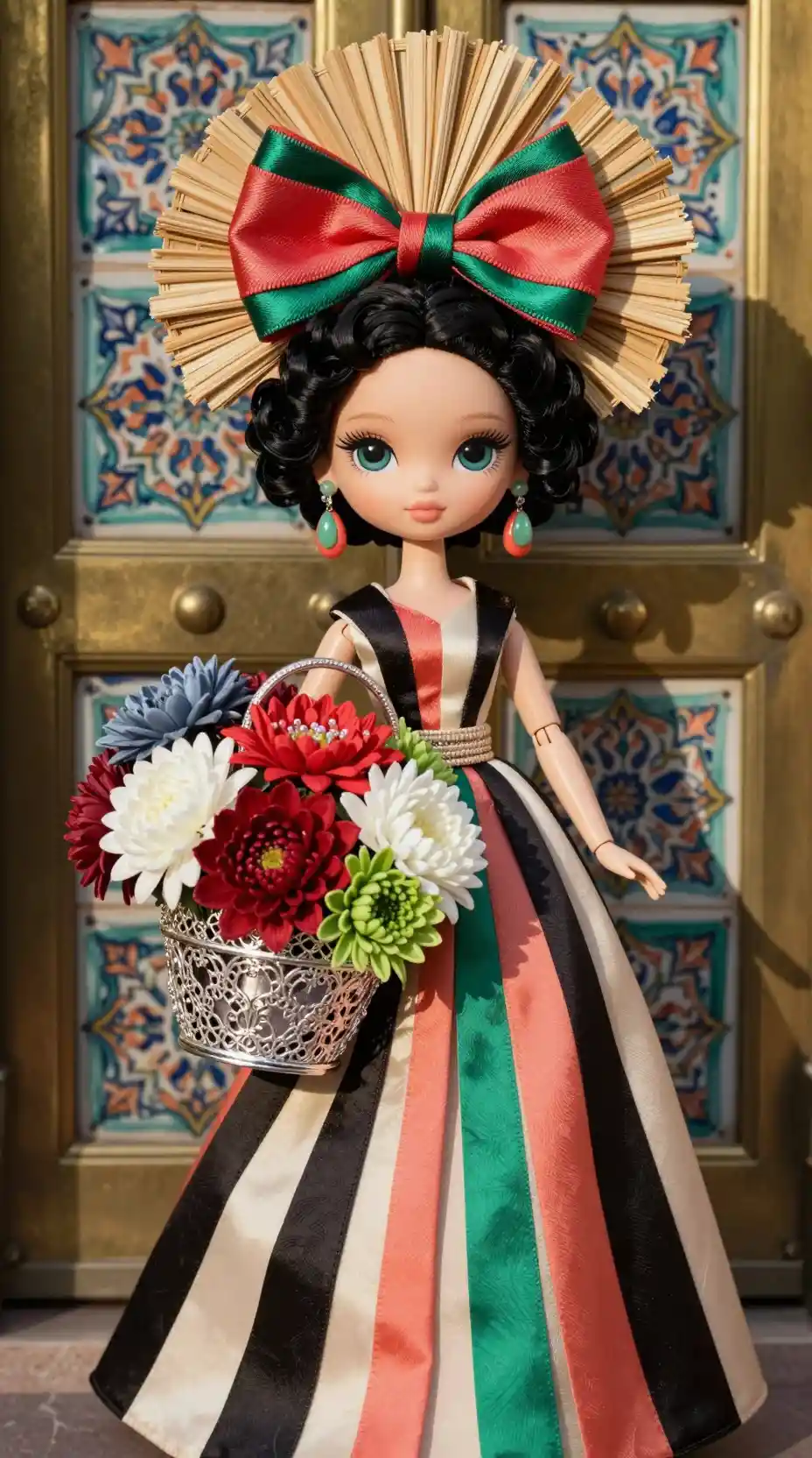 Close up fashion doll with sculptural straw headpiece