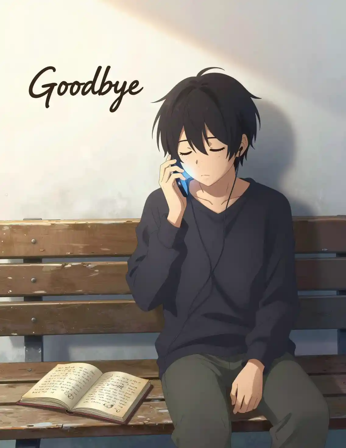 Anime boy listening to music on a wooden bench