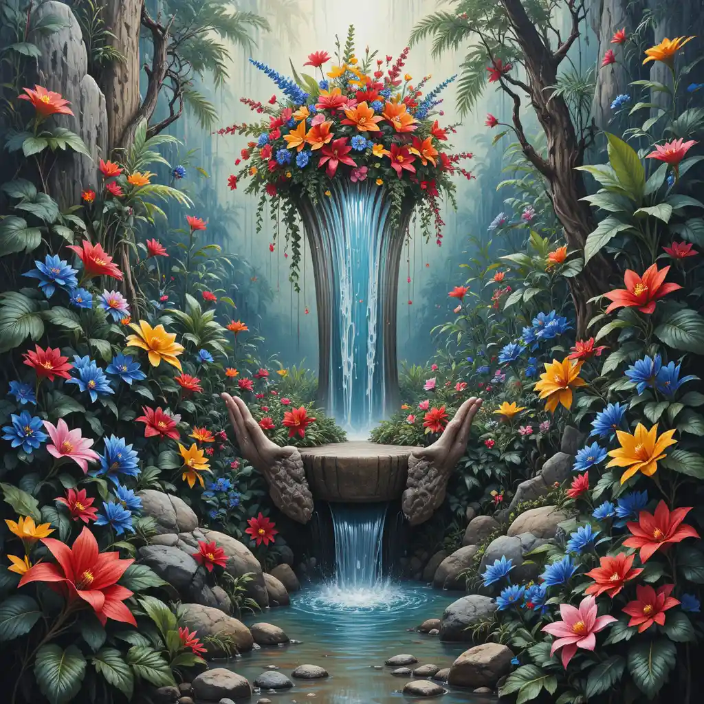 Vibrant 3D jungle waterfall flowing from a stone vase