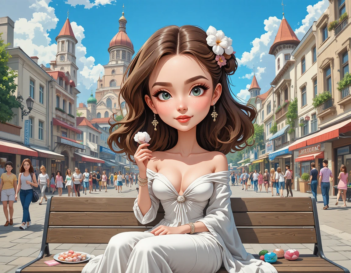 白いドレスのアニメ女性が都会のカーニバルに座っている
