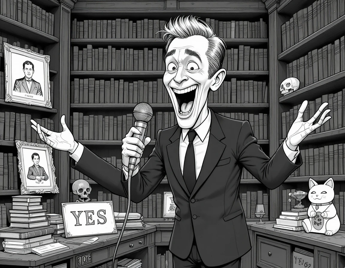 Man laughing into vintage microphone in dramatic library