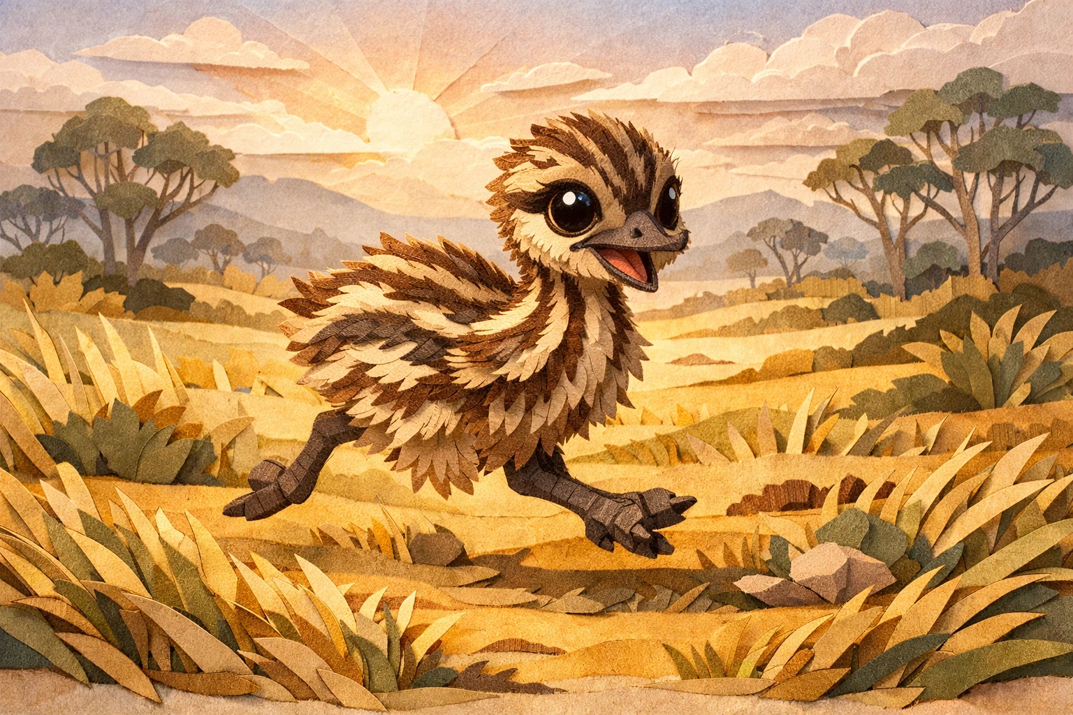Baby emu papercraft running across layered Australian grassland